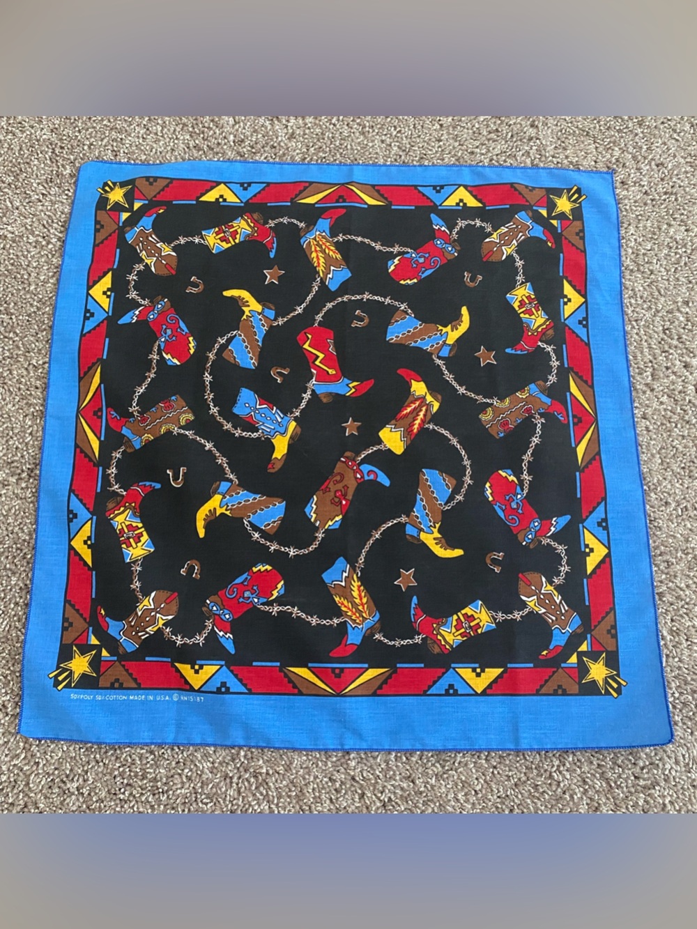 Vintage poly/cotton southwest style bandanna with barb wire, cowboy boots